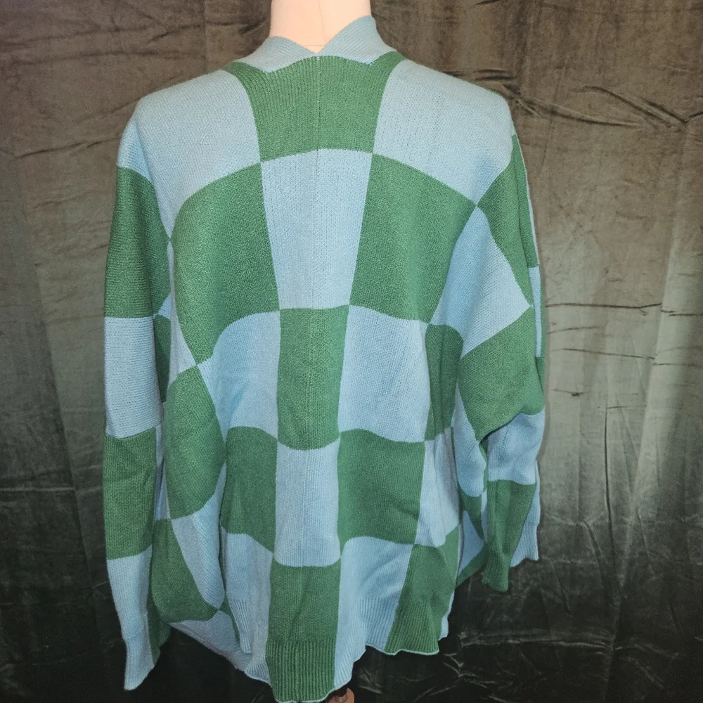LALA ORIGINAL Love You Oversized Checkerboard Cardigan in Emerald + Sky - Picture 3 of 8